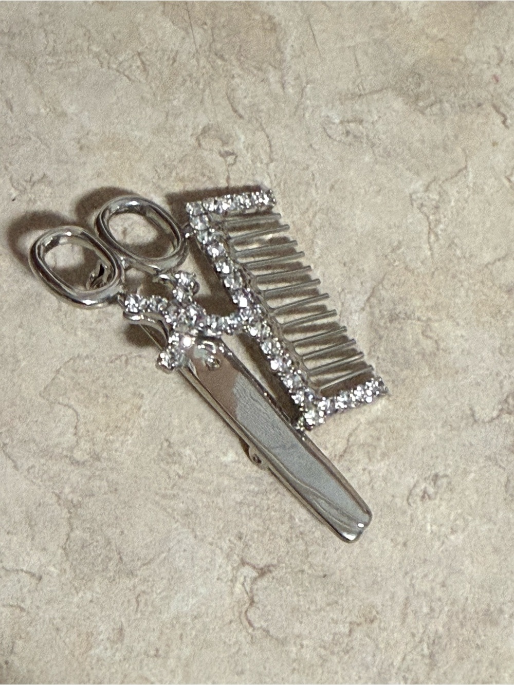 Rhinestone Silver Color Scissor & Comb Brooch